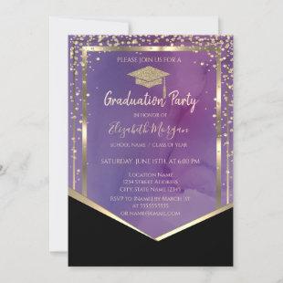 Gold Grad Cap Frame Watercolor Violet Graduation Invitation