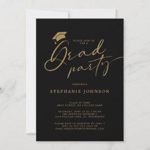 Gold Grad Cap Modern Calligraphy Graduation Party Invitation