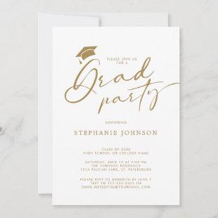 Gold Grad Cap Modern Calligraphy Graduation Party Invitation