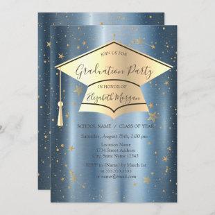 Gold Grad Cap,Stars Blue Metallic Graduation Invitation