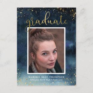 Gold Graduate Calligraphy Navy Blue Ombre Announcement Postcard