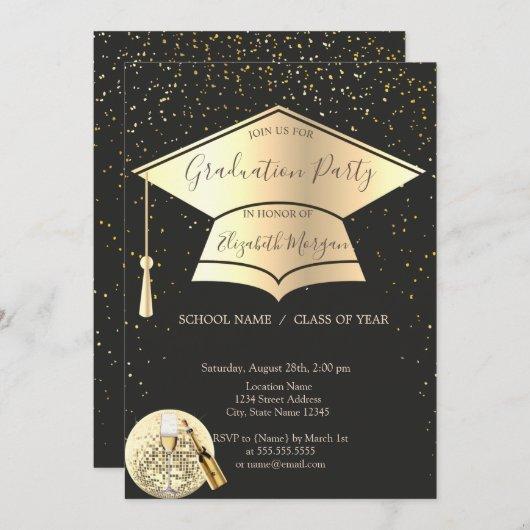 Gold Graduation Cap,Confetti Disco Ball Graduation Invitation