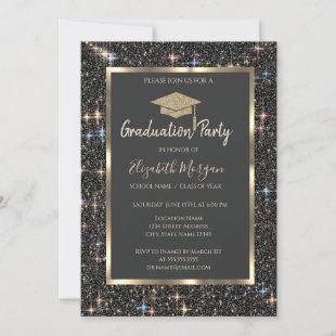 Gold Graduation Cap Dark Glitter Graduation Invitation