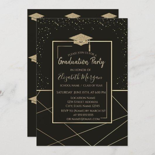 Gold Graduation Cap Geometric Black Graduation Invitation