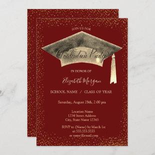 Gold Graduation Cap Tassel Red Graduation  Invitation