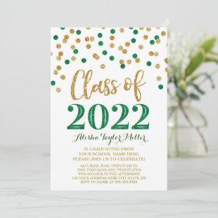 Gold Green Glitter Confetti Graduation Party 2022 Invitation