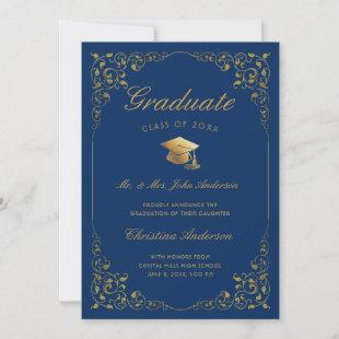 Gold Ivy Cap Script From Parents Blue Graduation Announcement