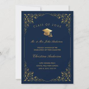 Gold Ivy Script From Parents Navy Blue Graduation Announcement