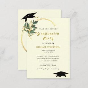 Gold Leaves Frame Graduation Party Invitation Cap