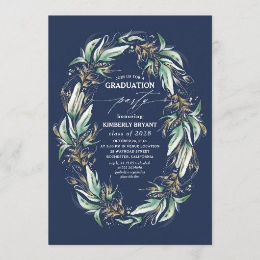 Gold Leaves Greenery Wreath Navy Blue Graduation Invitation