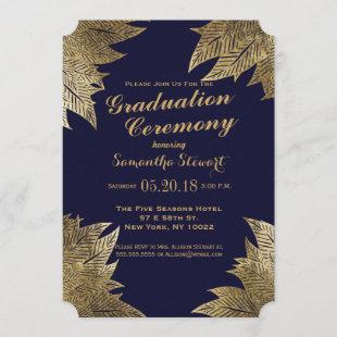 Gold Leaves on Navy Blue Graduation Ceremony Invitation