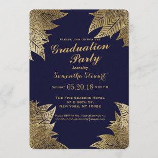 Gold Leaves on Navy Blue Graduation Party Invites