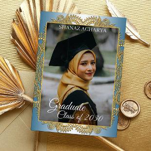 Gold Mandala On Teal Blue Graduation Announcement Postcard