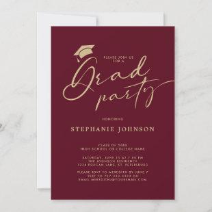 Gold Maroon Grad Cap Calligraphy Graduation Party Invitation