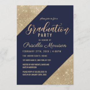 Gold Navy Blue Faux Glitter Sequin Graduation Invitation