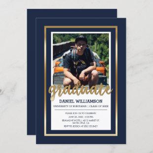 Gold & Navy Blue Typography | Photo Graduation Invitation