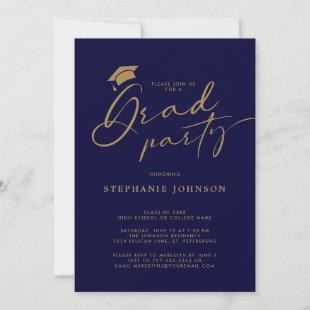 Gold Navy Grad Cap Calligraphy Graduation Party Invitation