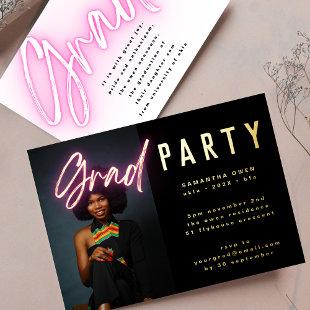 GOLD Ombre Pink Neon Elegant Grad Photo Party Foil Invitation
