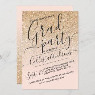 Gold Pink Faux Sparkly Glitter Ombre Graduation Invitation
