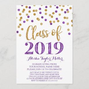 Gold Purple Glitter Confetti Graduation Party 2019 Invitation