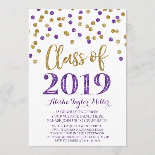 Gold Purple Glitter Confetti Graduation Party 2019 Invitation
