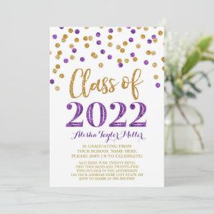 Gold Purple Glitter Confetti Graduation Party 2022 Invitation