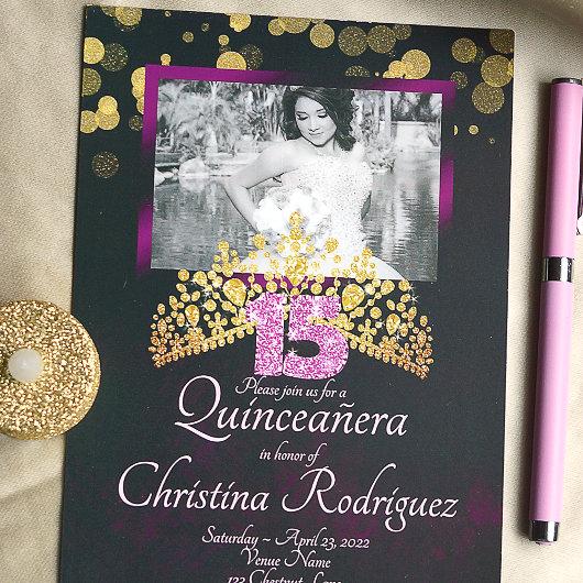 Gold, Purple, Pink Quinceanera Invitation w/ Tiara