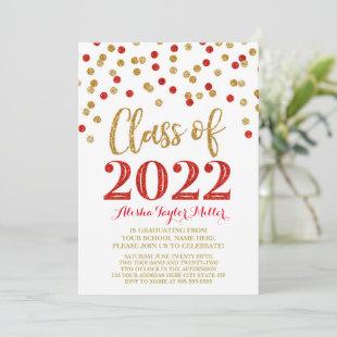 Gold Red Glitter Confetti Graduation Party 2022 Invitation