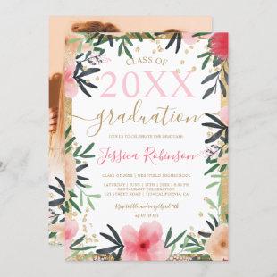 Gold red pink floral watercolor photo graduation invitation