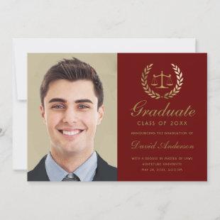 Gold Scales of Justice Law Laurel Red Graduation Announcement