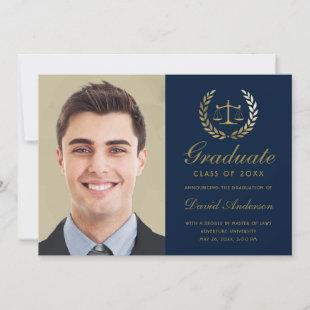 Gold Scales of Justice Law Navy Blue Graduation Announcement