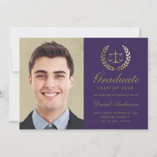 Gold Scales of Justice Law Purple Graduation Announcement