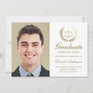 Gold Scales of Justice Law White Graduation Announcement