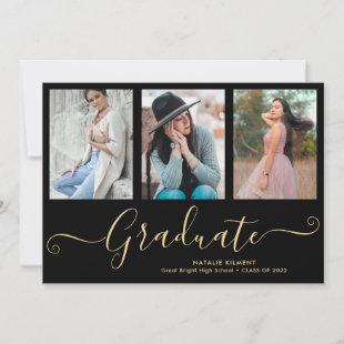 Gold Script Graduate 4 Photo Collage Graduation Invitation