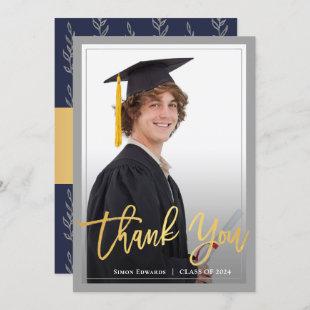 Gold Script Gray & Blue Graduation Photo Thank You Announcement