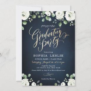 Gold script navy white floral graduation party invitation
