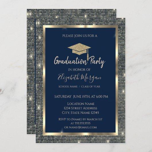 Gold Sequins Graduation Cap Navy Blue Graduation  Invitation