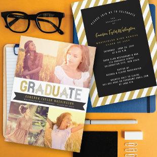 Gold Silver Ribbon Graduate Photo Graduation Party Invitation