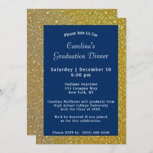 Gold Sparkle Dinner Blue Graduation Invitation