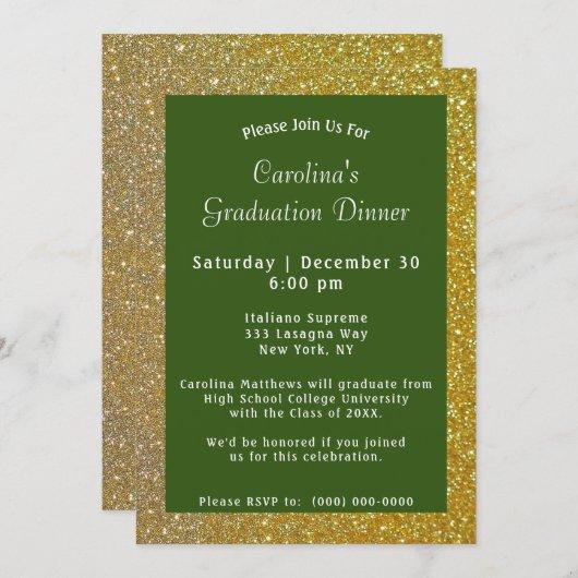 Gold Sparkle Dinner Green Graduation Invitation