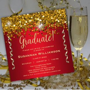 Gold Sparkles Glitter Red Graduation Party Invitation
