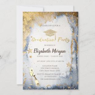Gold Stars Glitter Grad Cap Watercolor Invitation
