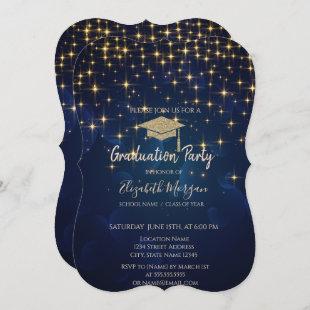 Gold Stars Graduation Cap Navy Blue Graduation Invitation