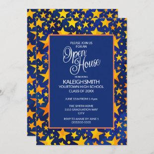 Gold Stars on Navy Blue Open House Grad Party Invitation