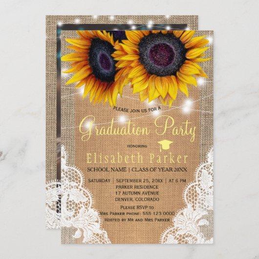 Gold sunflower burlap lace PHOTO graduation party Invitation