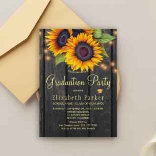Gold sunflowers rustic barn wood graduation party invitation