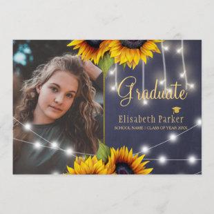 Gold sunflowers rustic chalkboard graduation invitation