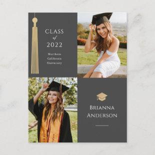 Gold Tassel & Cap 2 Photo Gray Graduation Announcement Postcard