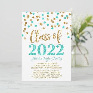 Gold Teal Glitter Confetti Graduation Party 2022 Invitation