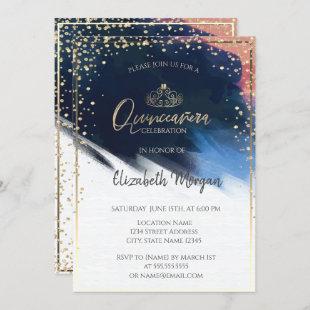 Gold Tiara,Confetti,Watercolor Brush Stroke Invitation